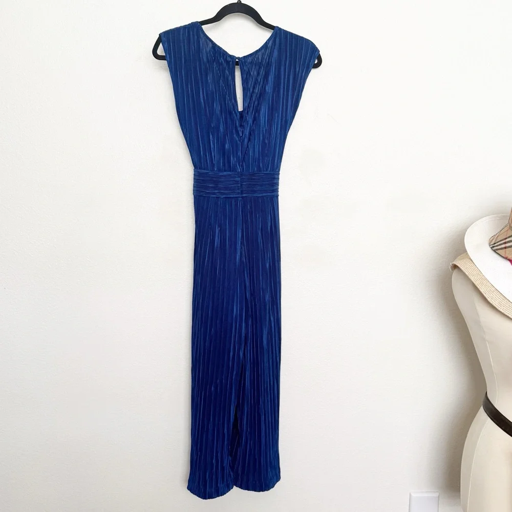 Maeve Sonata Belted Plisse Pleated Belt Tie Wide Leg Blue Jumpsuit